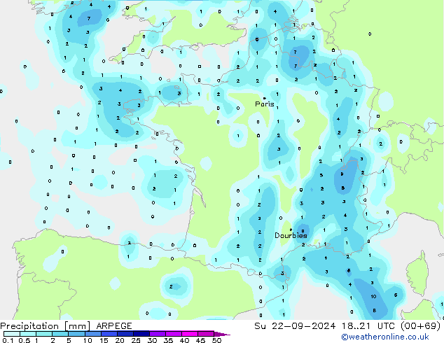 Precipitation ARPEGE Su 22.09.2024 21 UTC