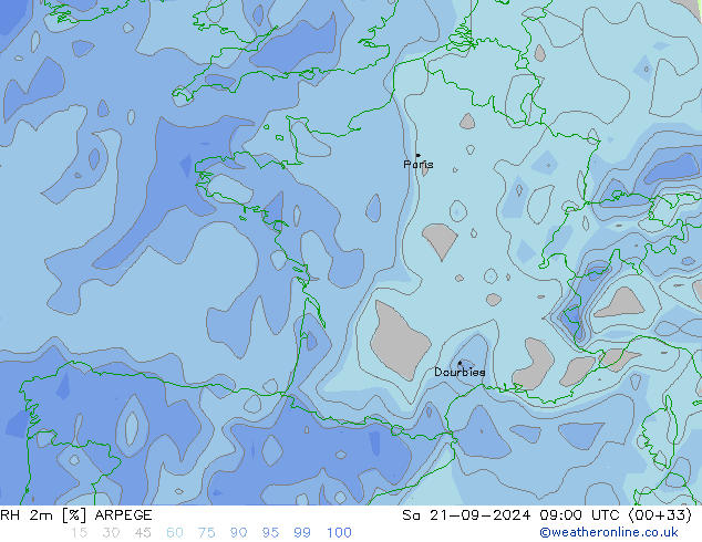 RH 2m ARPEGE sab 21.09.2024 09 UTC