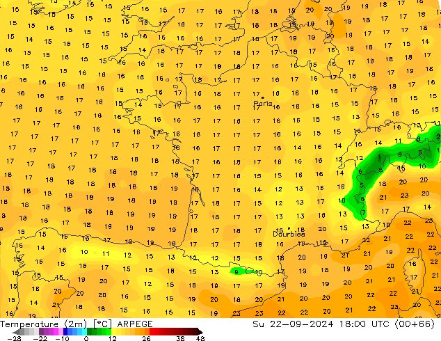 Temperature (2m) ARPEGE Su 22.09.2024 18 UTC