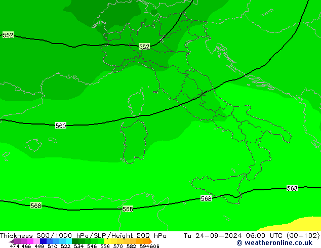 Thck 500-1000hPa ARPEGE Út 24.09.2024 06 UTC