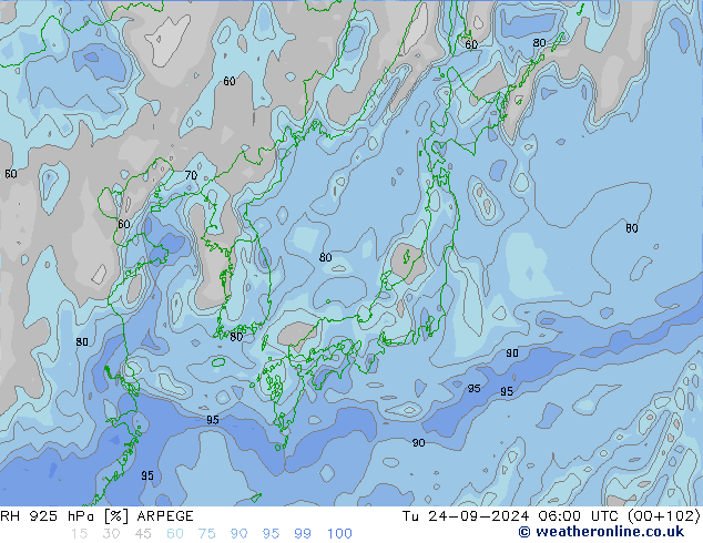 RH 925 hPa ARPEGE Tu 24.09.2024 06 UTC