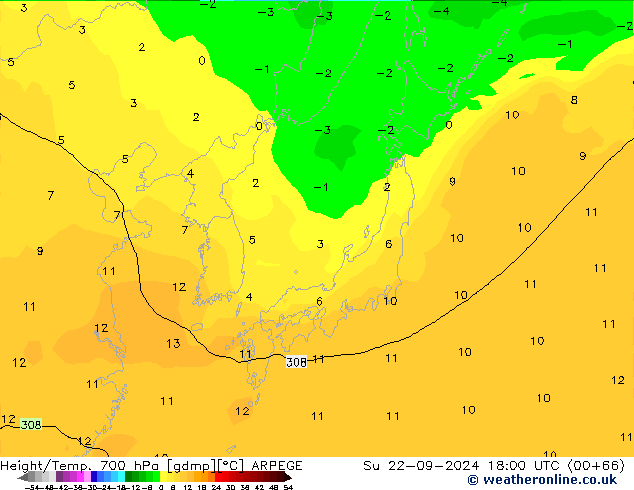 Height/Temp. 700 hPa ARPEGE Su 22.09.2024 18 UTC