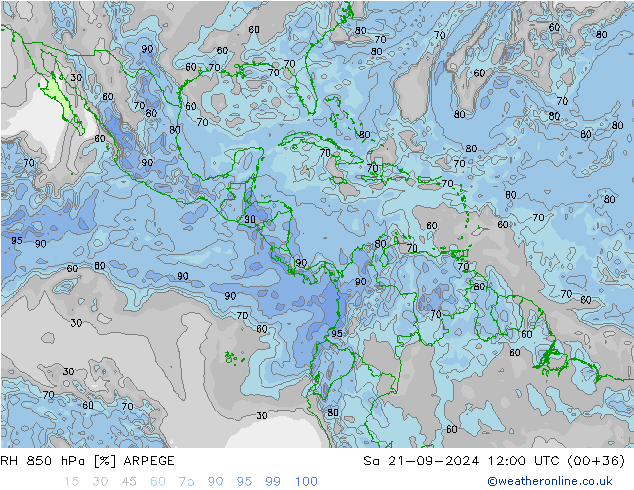 RH 850 hPa ARPEGE Sa 21.09.2024 12 UTC