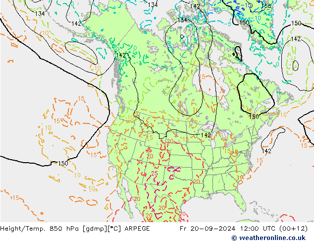 Height/Temp. 850 hPa ARPEGE Fr 20.09.2024 12 UTC