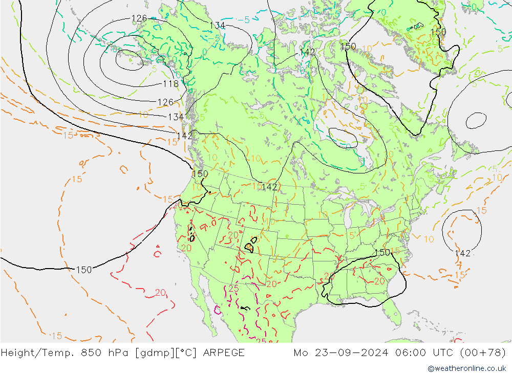 Height/Temp. 850 hPa ARPEGE Po 23.09.2024 06 UTC