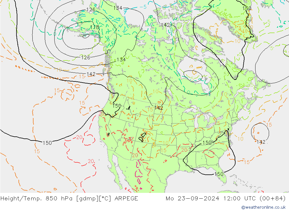 Height/Temp. 850 hPa ARPEGE Mo 23.09.2024 12 UTC