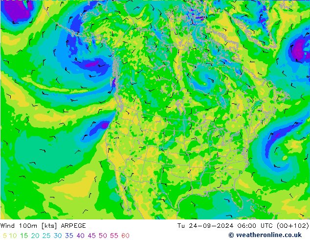 Wind 100m ARPEGE Tu 24.09.2024 06 UTC