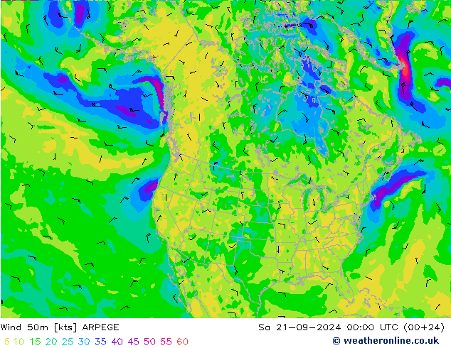 风 50 米 ARPEGE 星期六 21.09.2024 00 UTC