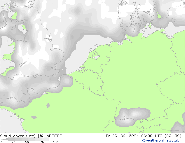 Cloud cover (low) ARPEGE Fr 20.09.2024 09 UTC