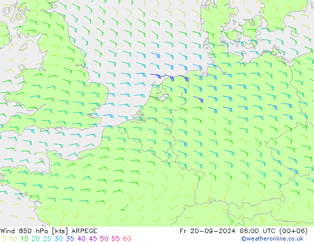 Wind 850 hPa ARPEGE Fr 20.09.2024 06 UTC