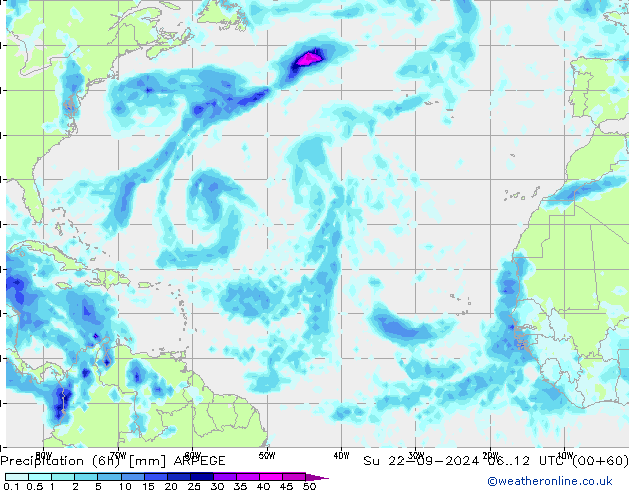 Precipitation (6h) ARPEGE Ne 22.09.2024 12 UTC