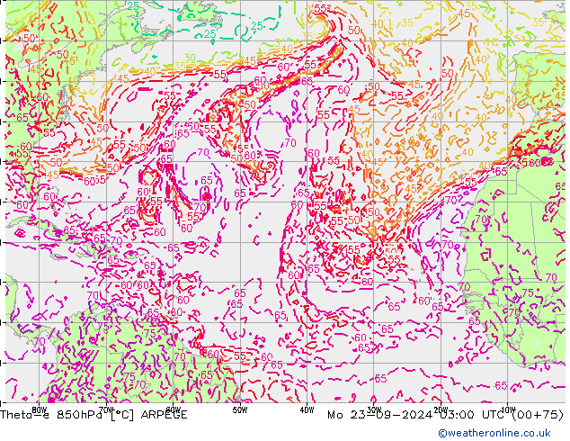 Theta-e 850hPa ARPEGE Mo 23.09.2024 03 UTC