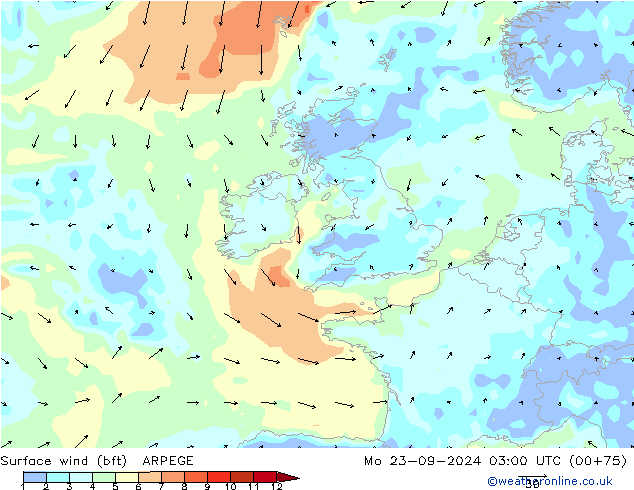 Surface wind (bft) ARPEGE Mo 23.09.2024 03 UTC