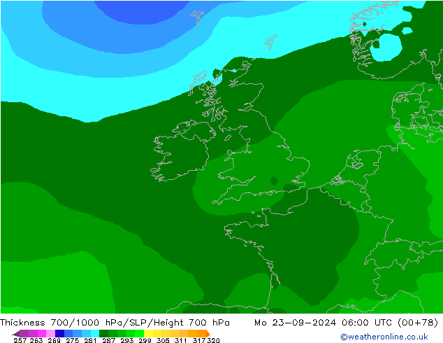 Thck 700-1000 hPa ARPEGE  23.09.2024 06 UTC