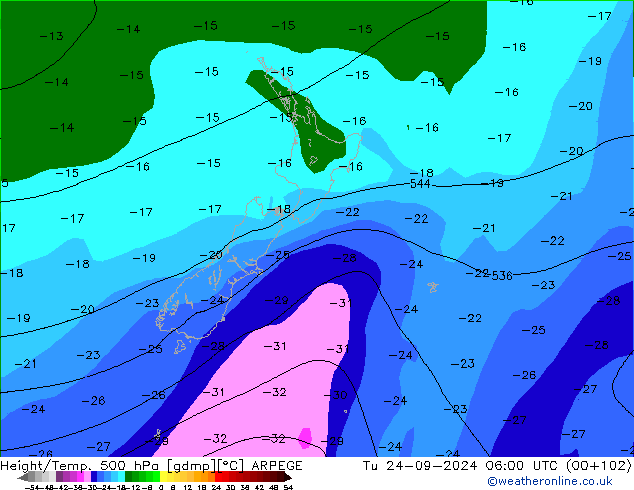 Height/Temp. 500 гПа ARPEGE вт 24.09.2024 06 UTC