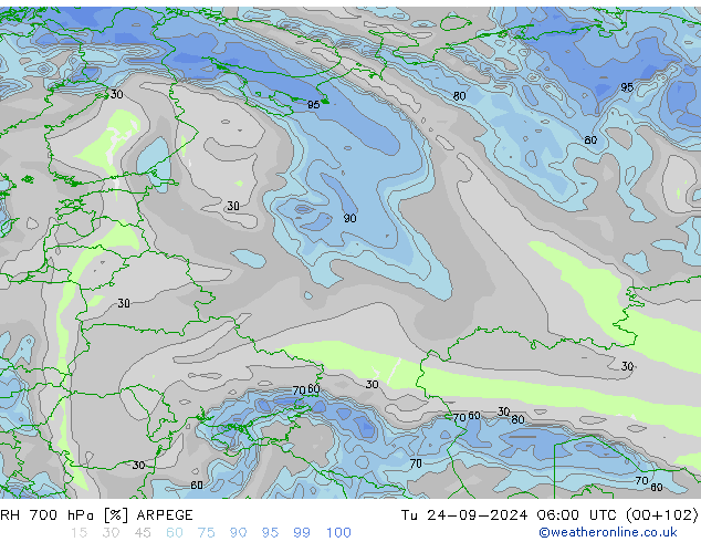 Humedad rel. 700hPa ARPEGE mar 24.09.2024 06 UTC