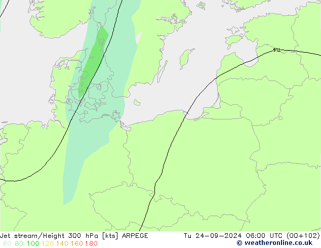 Jet stream/Height 300 hPa ARPEGE Tu 24.09.2024 06 UTC