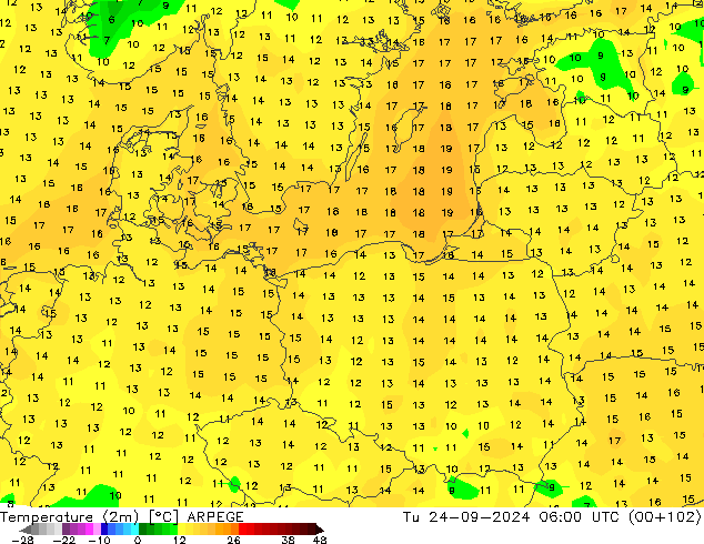 Temperature (2m) ARPEGE Tu 24.09.2024 06 UTC