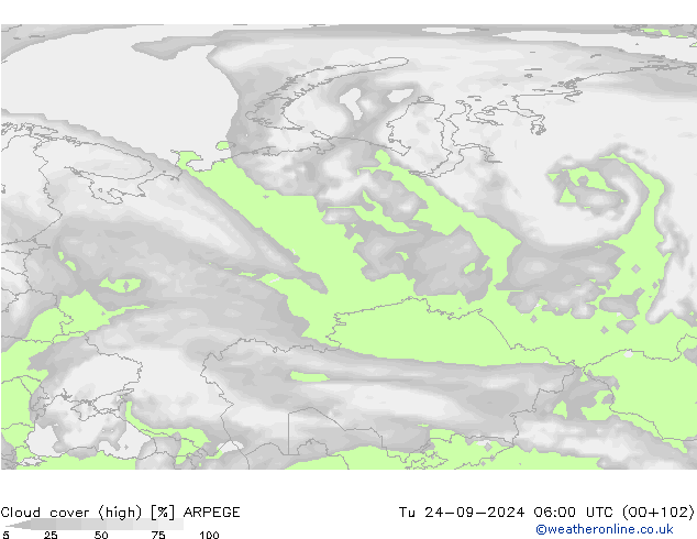 Cloud cover (high) ARPEGE Tu 24.09.2024 06 UTC