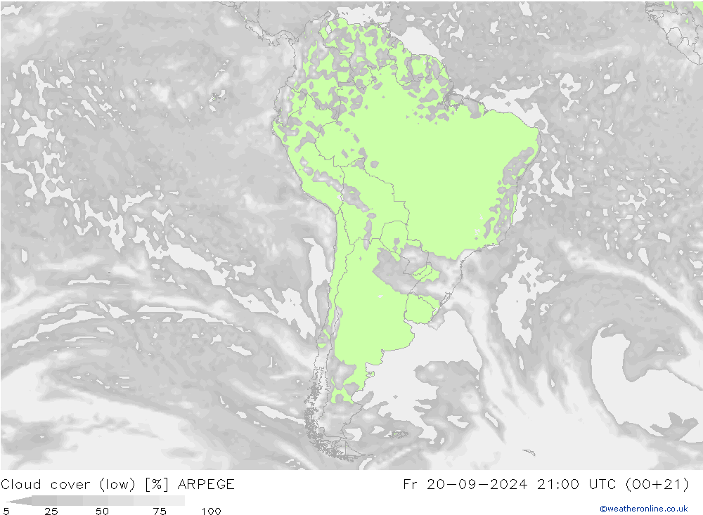 Cloud cover (low) ARPEGE Fr 20.09.2024 21 UTC