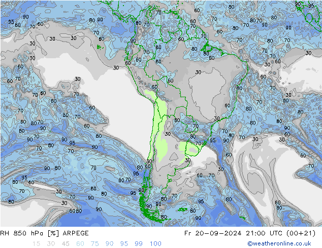 RH 850 hPa ARPEGE Fr 20.09.2024 21 UTC