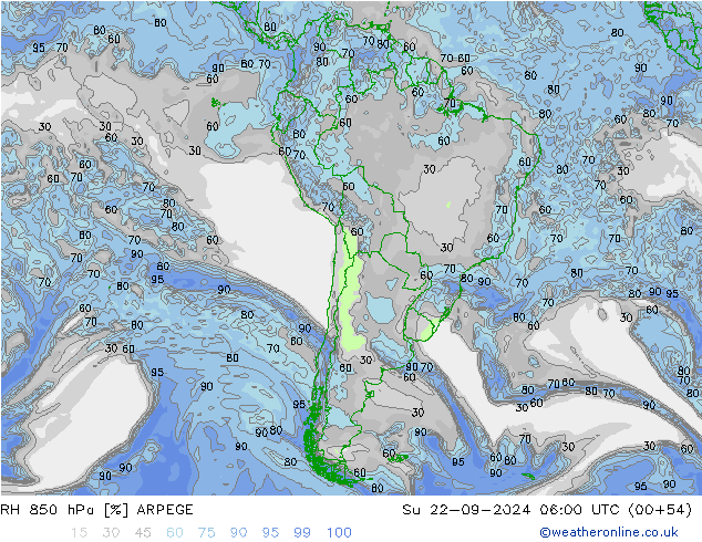 Humedad rel. 850hPa ARPEGE dom 22.09.2024 06 UTC