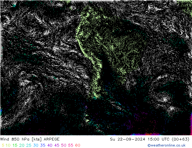 Rüzgar 850 hPa ARPEGE Paz 22.09.2024 15 UTC