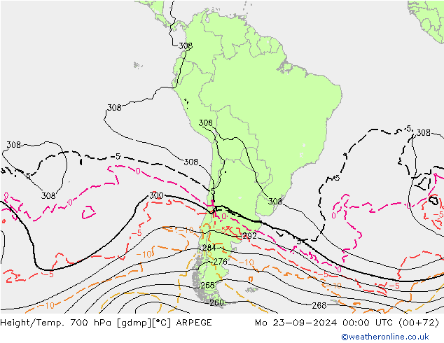 Height/Temp. 700 гПа ARPEGE пн 23.09.2024 00 UTC