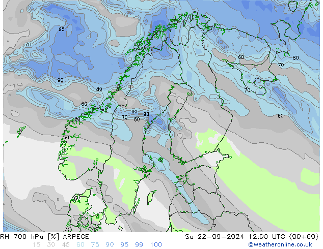 RH 700 hPa ARPEGE So 22.09.2024 12 UTC