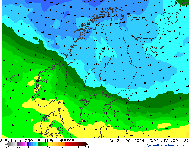 SLP/Temp. 850 hPa ARPEGE so. 21.09.2024 18 UTC