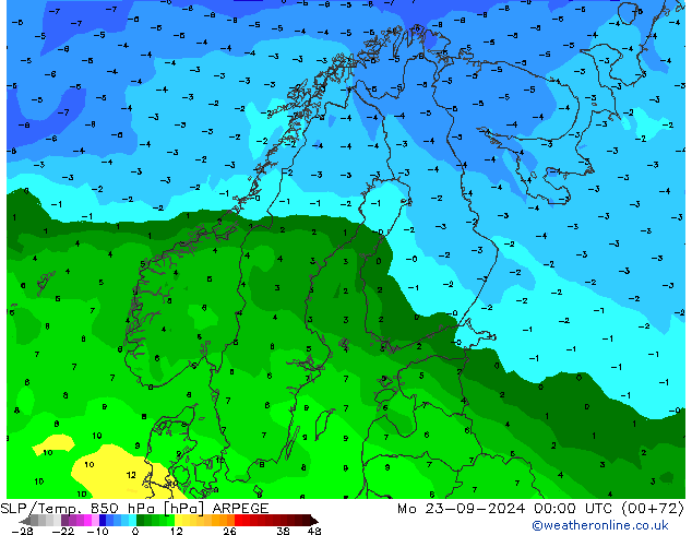 SLP/Temp. 850 hPa ARPEGE  23.09.2024 00 UTC