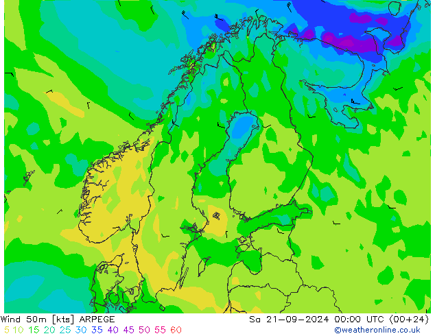 Wind 50m ARPEGE Sa 21.09.2024 00 UTC