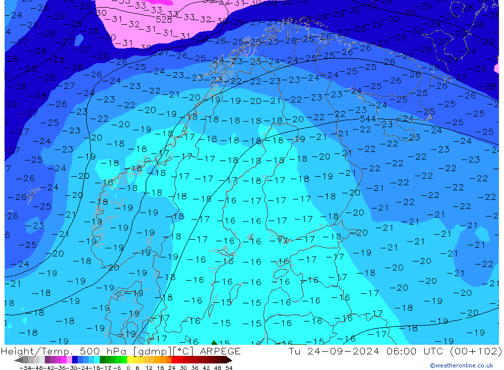 Height/Temp. 500 hPa ARPEGE wto. 24.09.2024 06 UTC