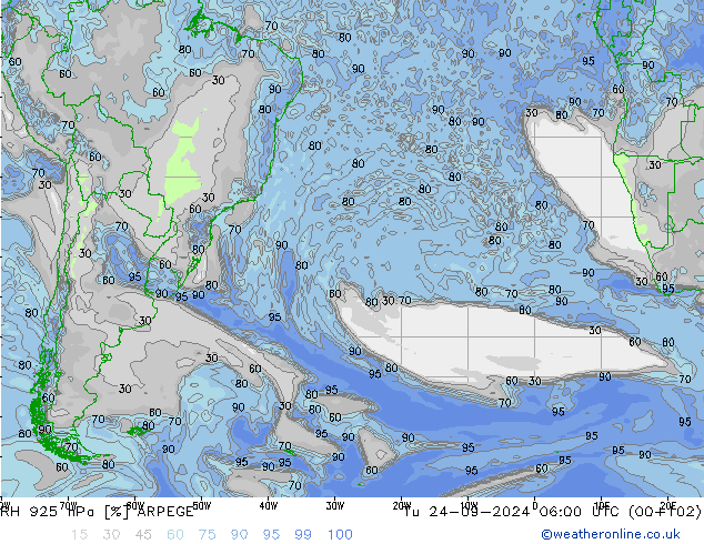 RH 925 hPa ARPEGE Tu 24.09.2024 06 UTC