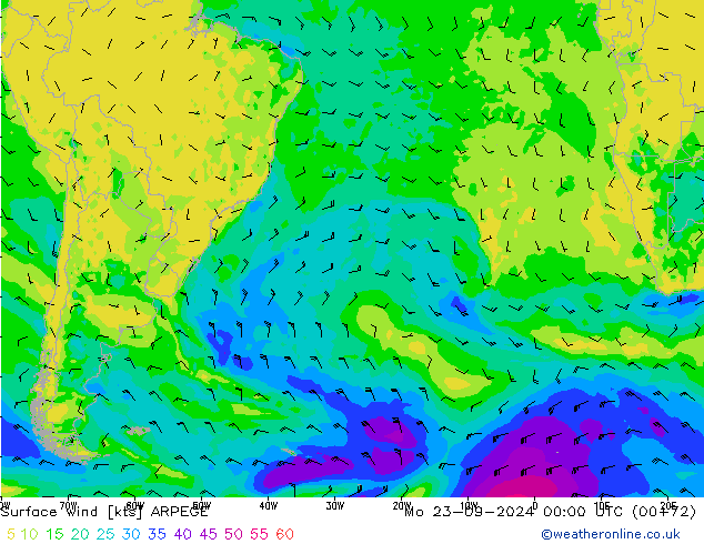 Vento 10 m ARPEGE Seg 23.09.2024 00 UTC
