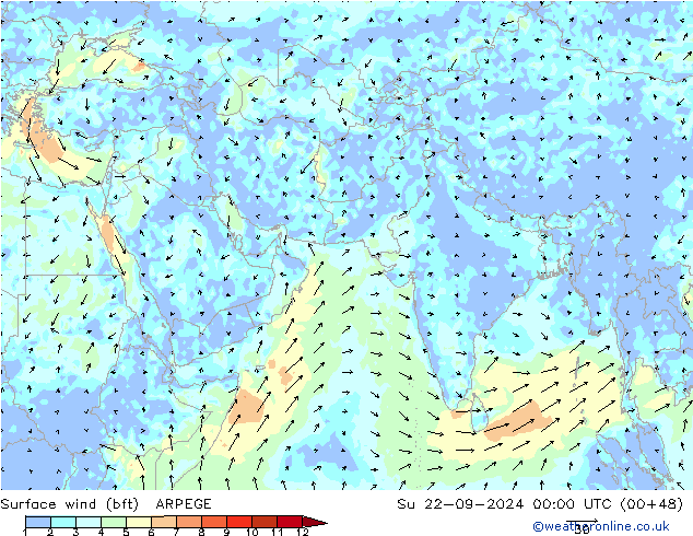 Rüzgar 10 m (bft) ARPEGE Paz 22.09.2024 00 UTC