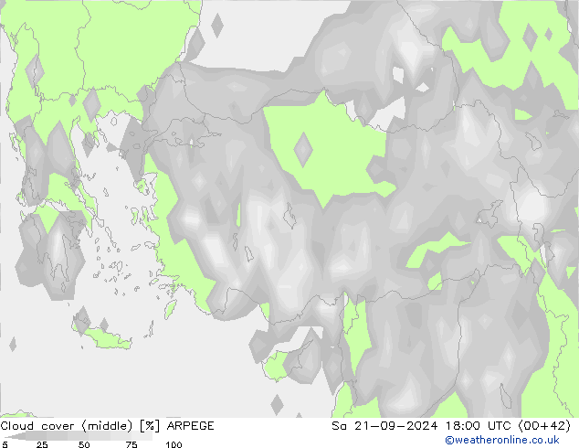 Cloud cover (middle) ARPEGE Sa 21.09.2024 18 UTC