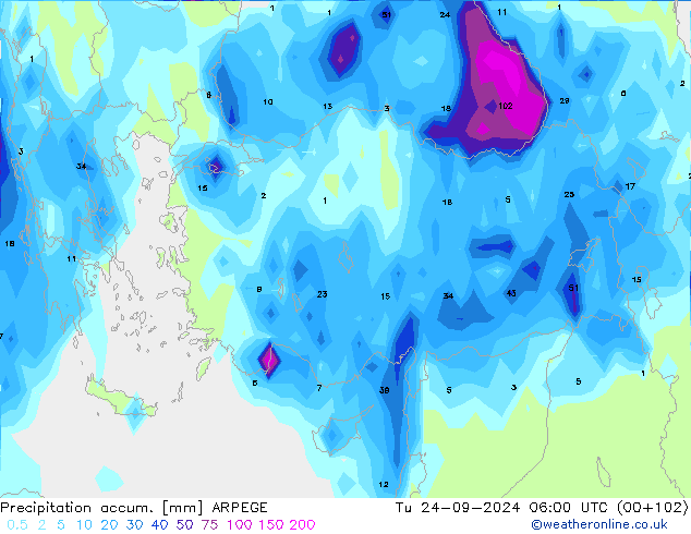 Precipitation accum. ARPEGE Tu 24.09.2024 06 UTC