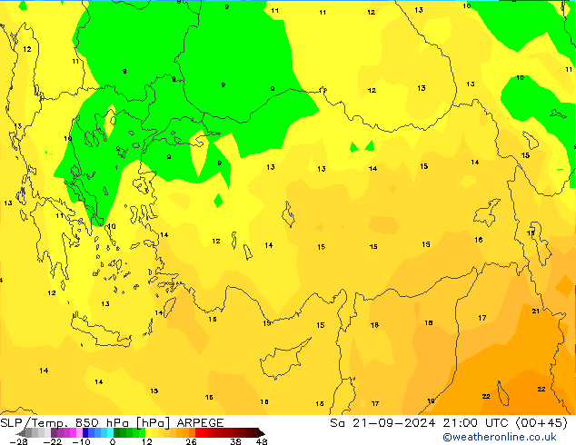 850 hPa Yer Bas./Sıc ARPEGE Cts 21.09.2024 21 UTC