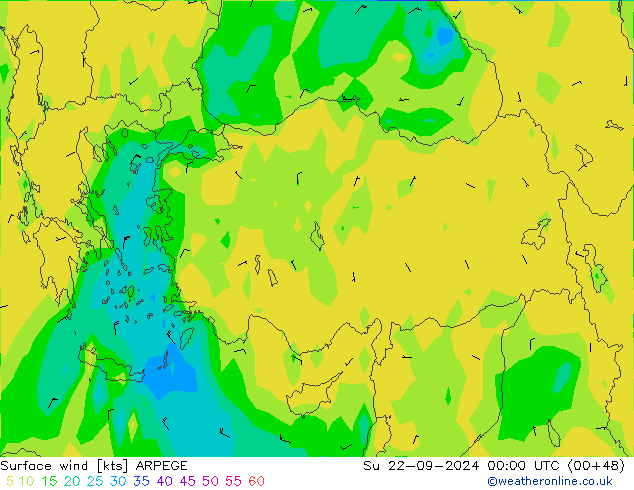 Surface wind ARPEGE Su 22.09.2024 00 UTC