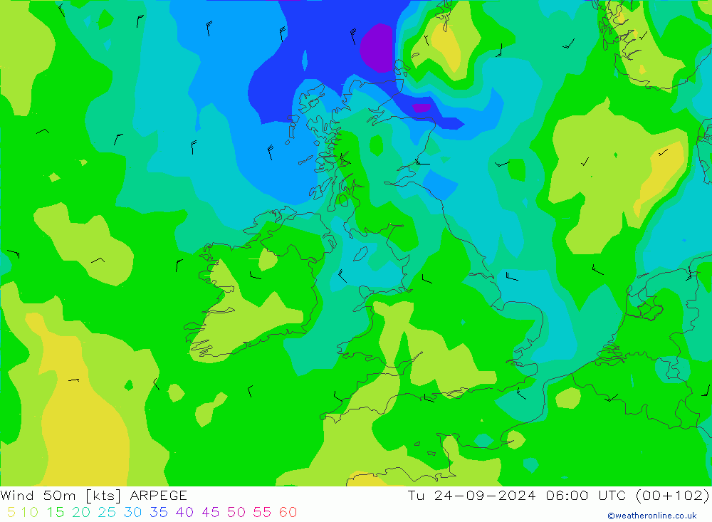 Wind 50m ARPEGE Tu 24.09.2024 06 UTC