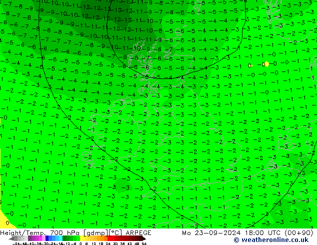 Yükseklik/Sıc. 700 hPa ARPEGE Pzt 23.09.2024 18 UTC