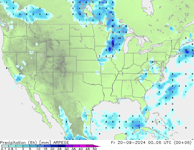 Totale neerslag (6h) ARPEGE vr 20.09.2024 06 UTC