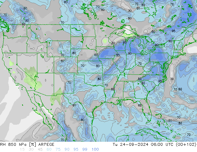 Humedad rel. 850hPa ARPEGE mar 24.09.2024 06 UTC