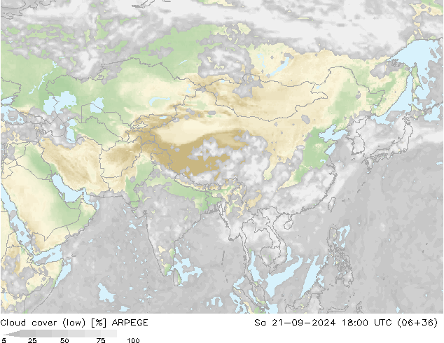 Cloud cover (low) ARPEGE Sa 21.09.2024 18 UTC