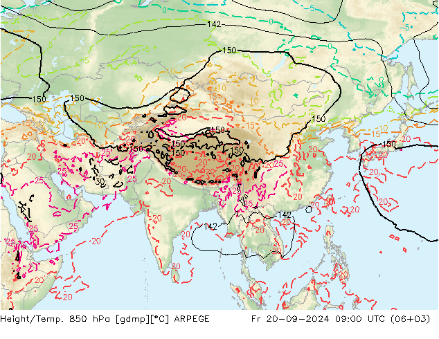 Height/Temp. 850 hPa ARPEGE Pá 20.09.2024 09 UTC