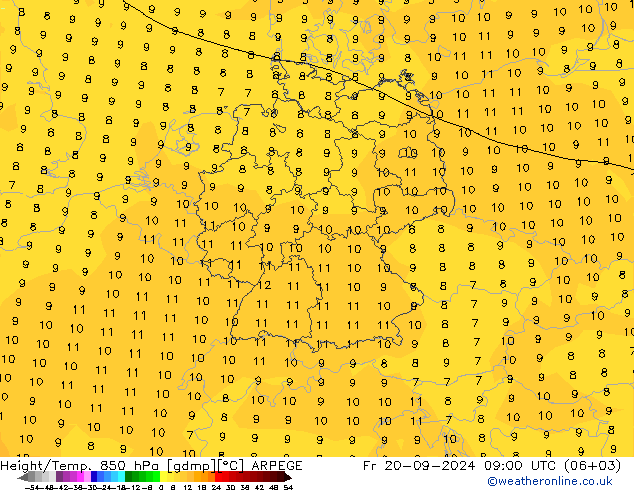 Height/Temp. 850 hPa ARPEGE Fr 20.09.2024 09 UTC