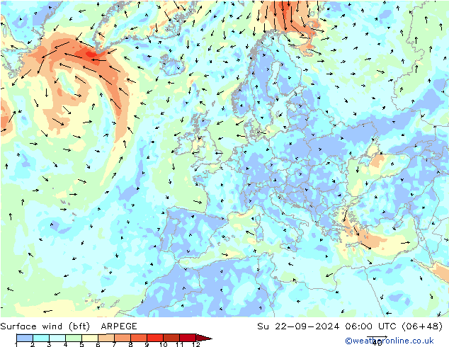 Bodenwind (bft) ARPEGE So 22.09.2024 06 UTC