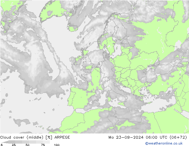 Cloud cover (middle) ARPEGE Mo 23.09.2024 06 UTC