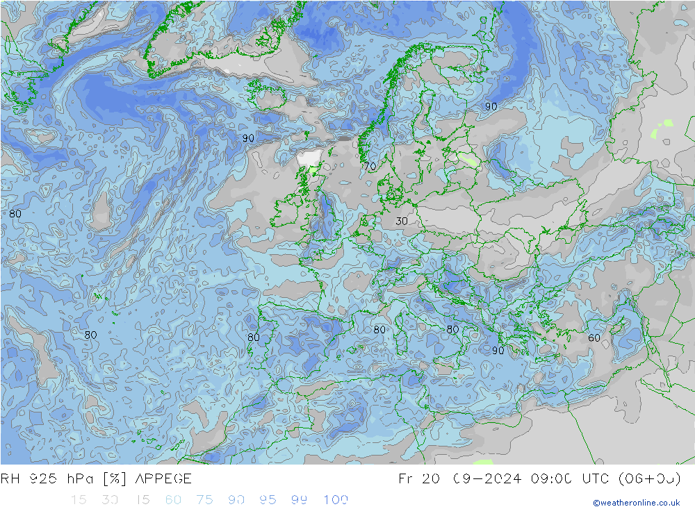 RH 925 hPa ARPEGE Sex 20.09.2024 09 UTC